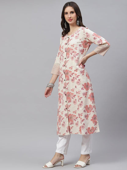  Cream Floral cotton flex A-Line Kurta -  world