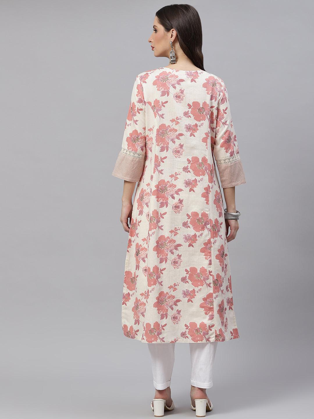 Cream Floral cotton flex A-Line Kurta -  world
