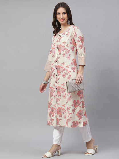  Cream Floral cotton flex A-Line Kurta -  world