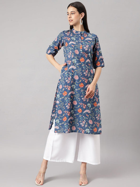  Blue and Orange Cotton Katha work Straight Kurta -  world