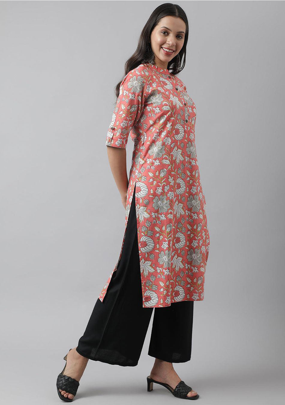 Pink & Multi Floral Printed Straight Kurta
