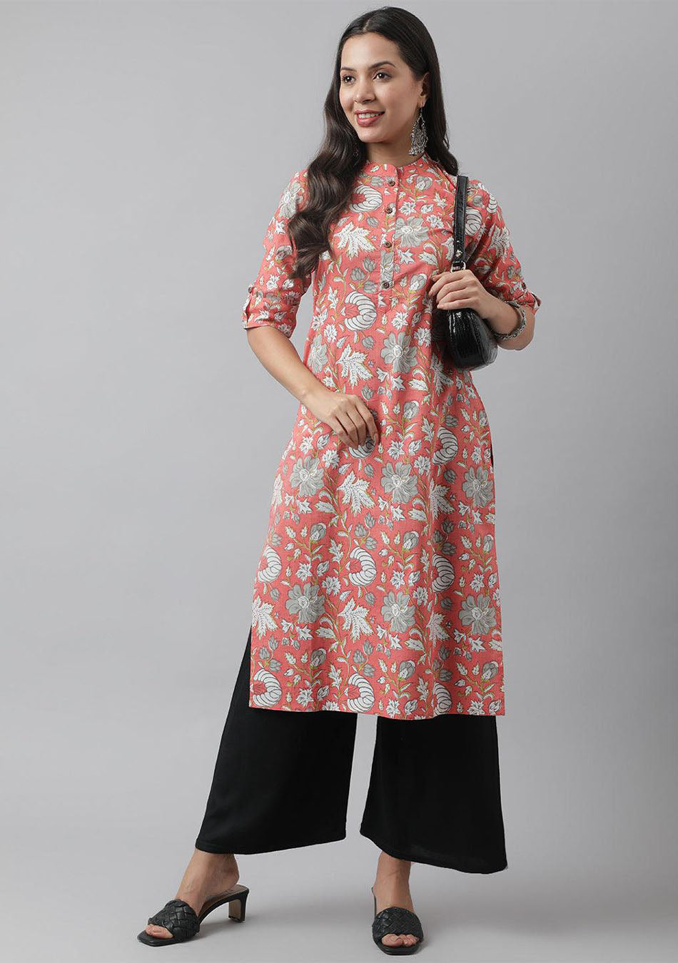 Pink & Multi Floral Printed Straight Kurta