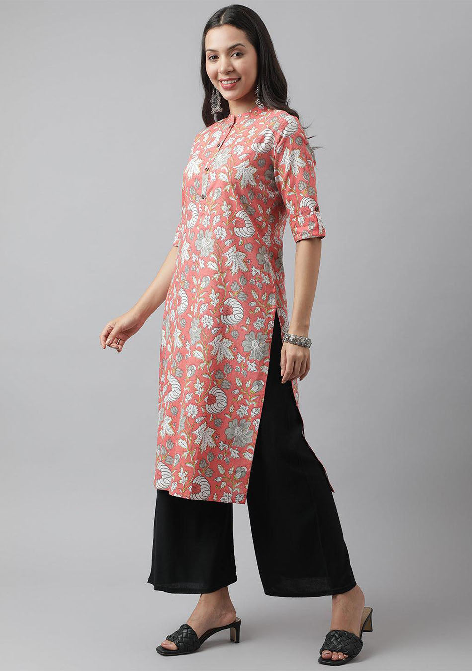Pink & Multi Floral Printed Straight Kurta