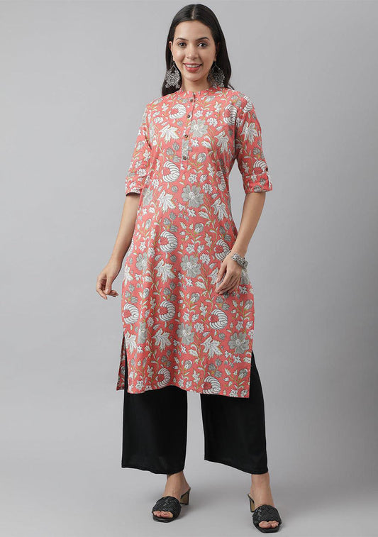 Pink & Multi Floral Printed Straight Kurta
