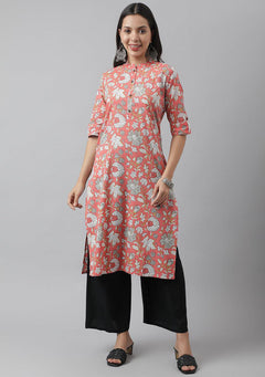 Pink & Multi Floral Printed Straight Kurta