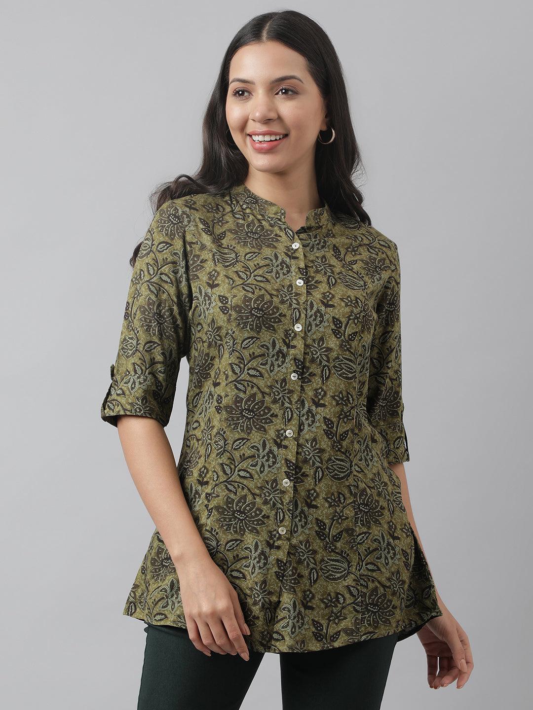 Olive Green Floral Printed Rayon A-line Shirt Style Top -  world
