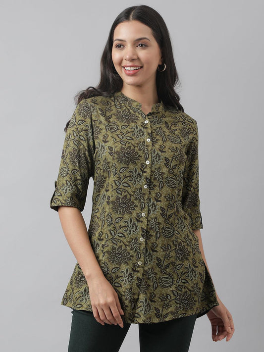  Olive Green Floral Printed Rayon A-line Shirt Style Top -  world