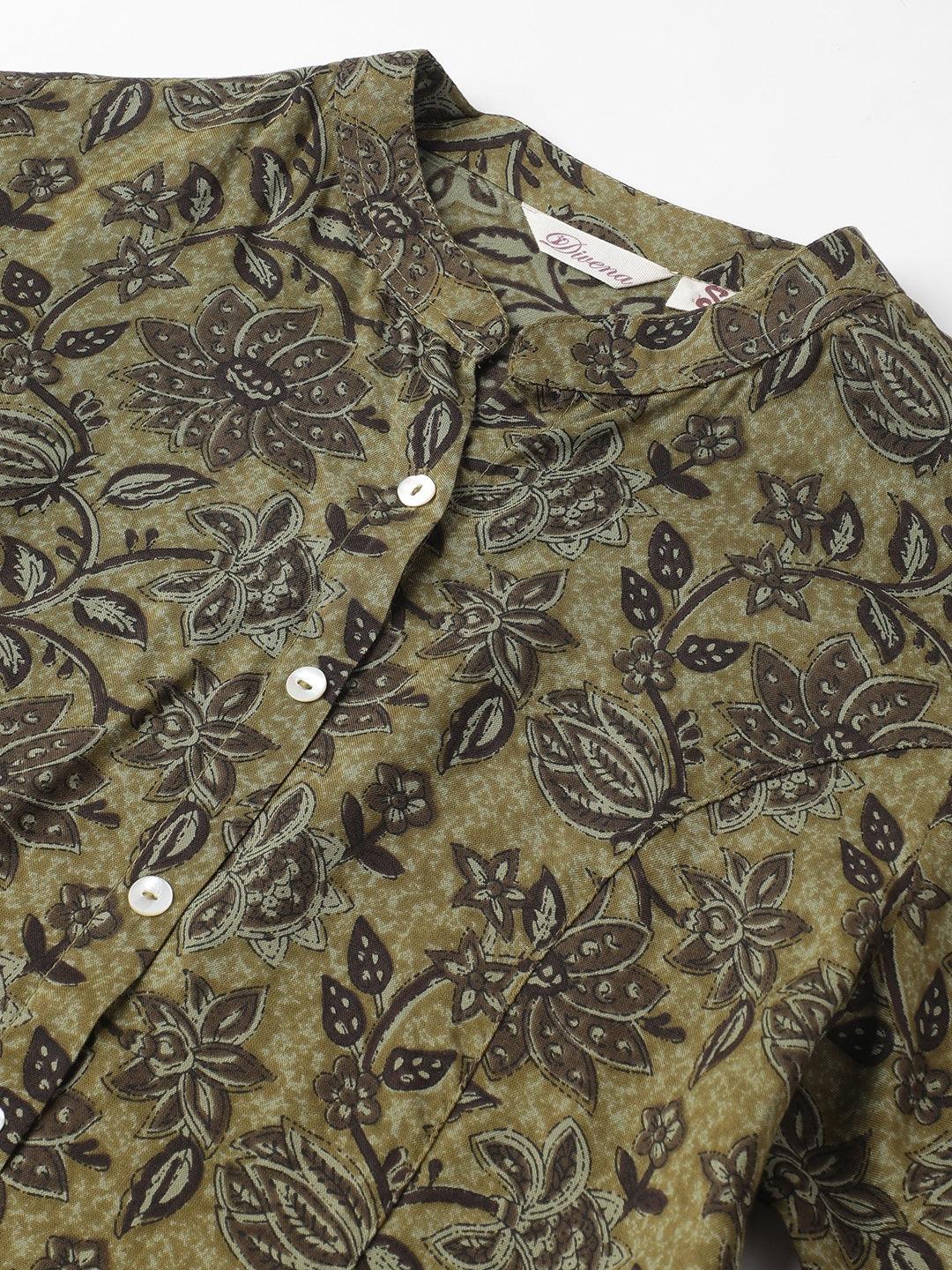  Olive Green Floral Printed Rayon A-line Shirt Style Top -  world