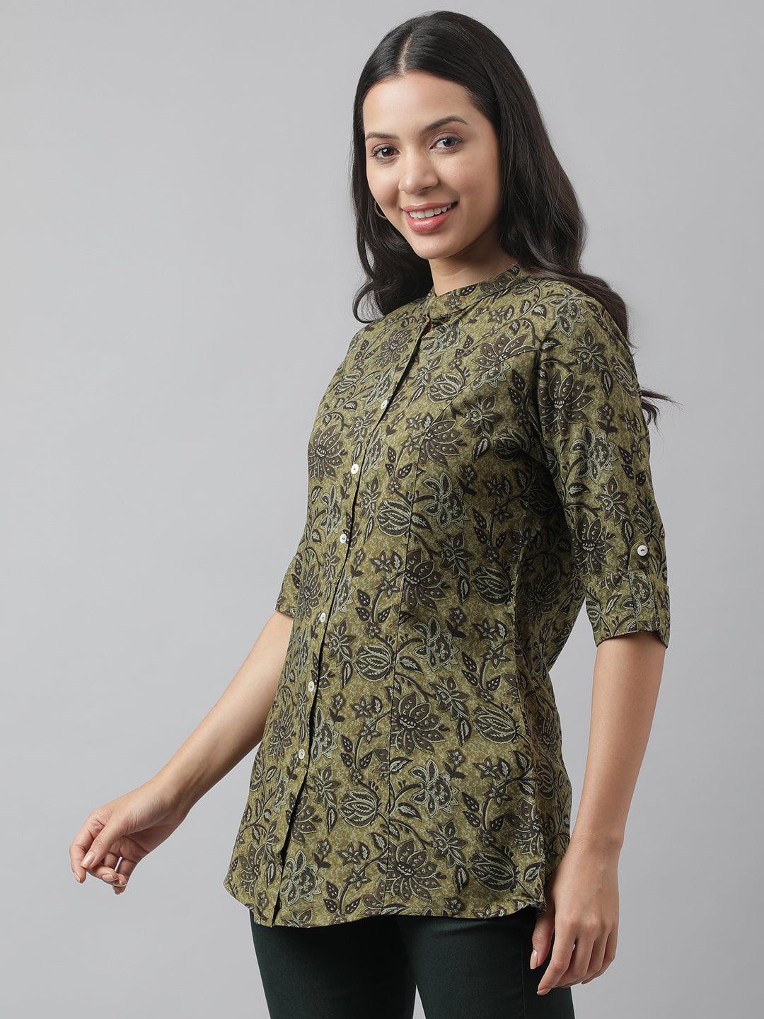  Olive Green Floral Printed Rayon A-line Shirt Style Top -  world