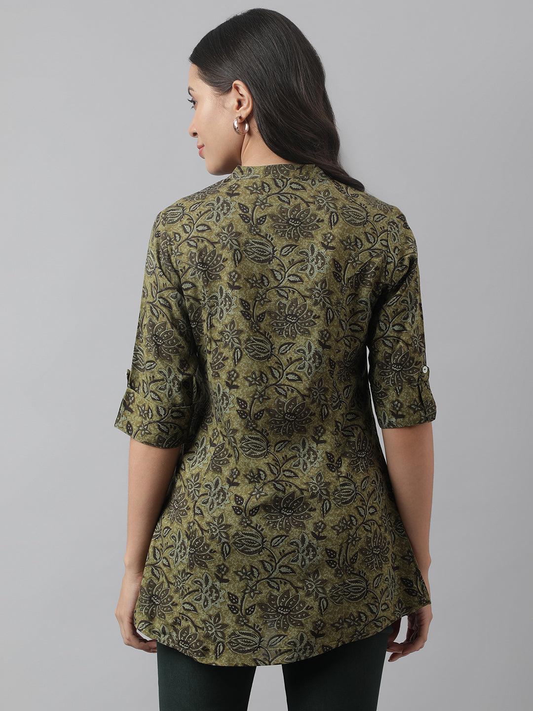  Olive Green Floral Printed Rayon A-line Shirt Style Top -  world