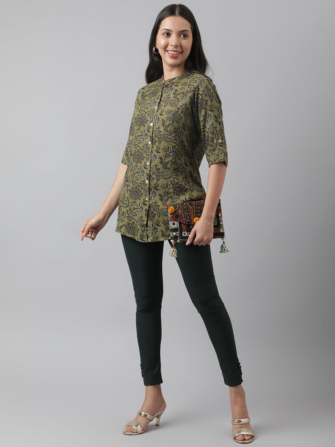  Olive Green Floral Printed Rayon A-line Shirt Style Top -  world