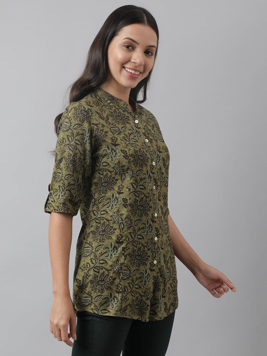  Olive Green Floral Printed Rayon A-line Shirt Style Top -  world