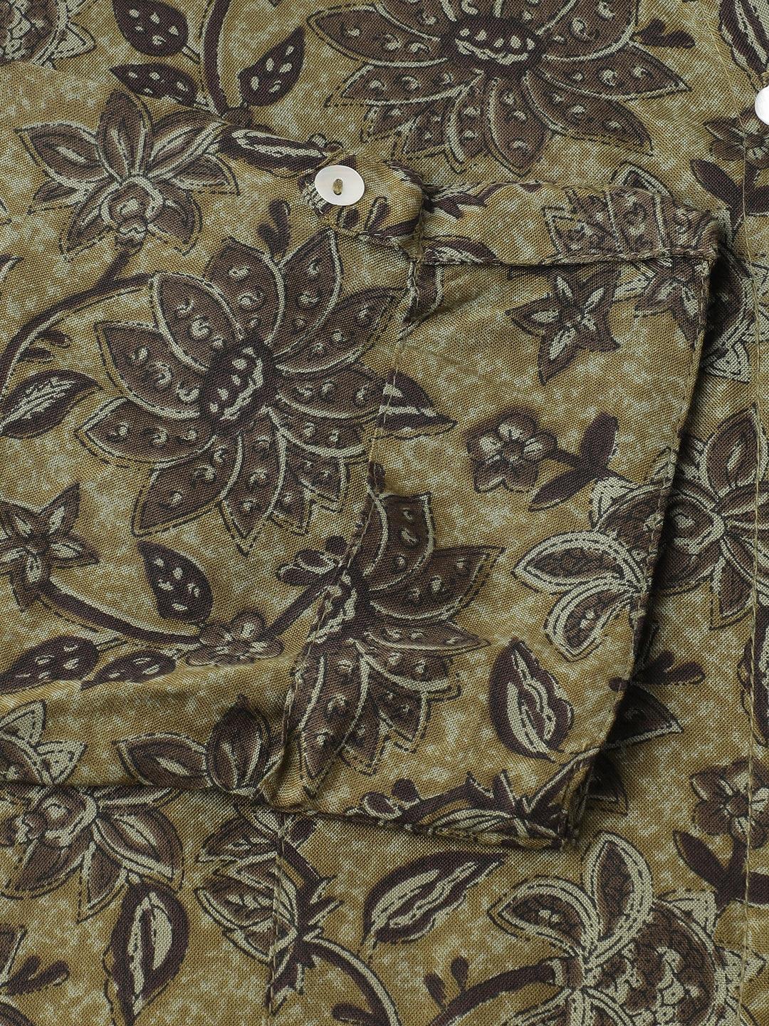  Olive Green Floral Printed Rayon A-line Shirt Style Top -  world