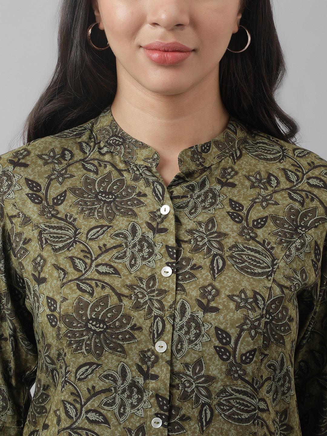  Olive Green Floral Printed Rayon A-line Shirt Style Top -  world