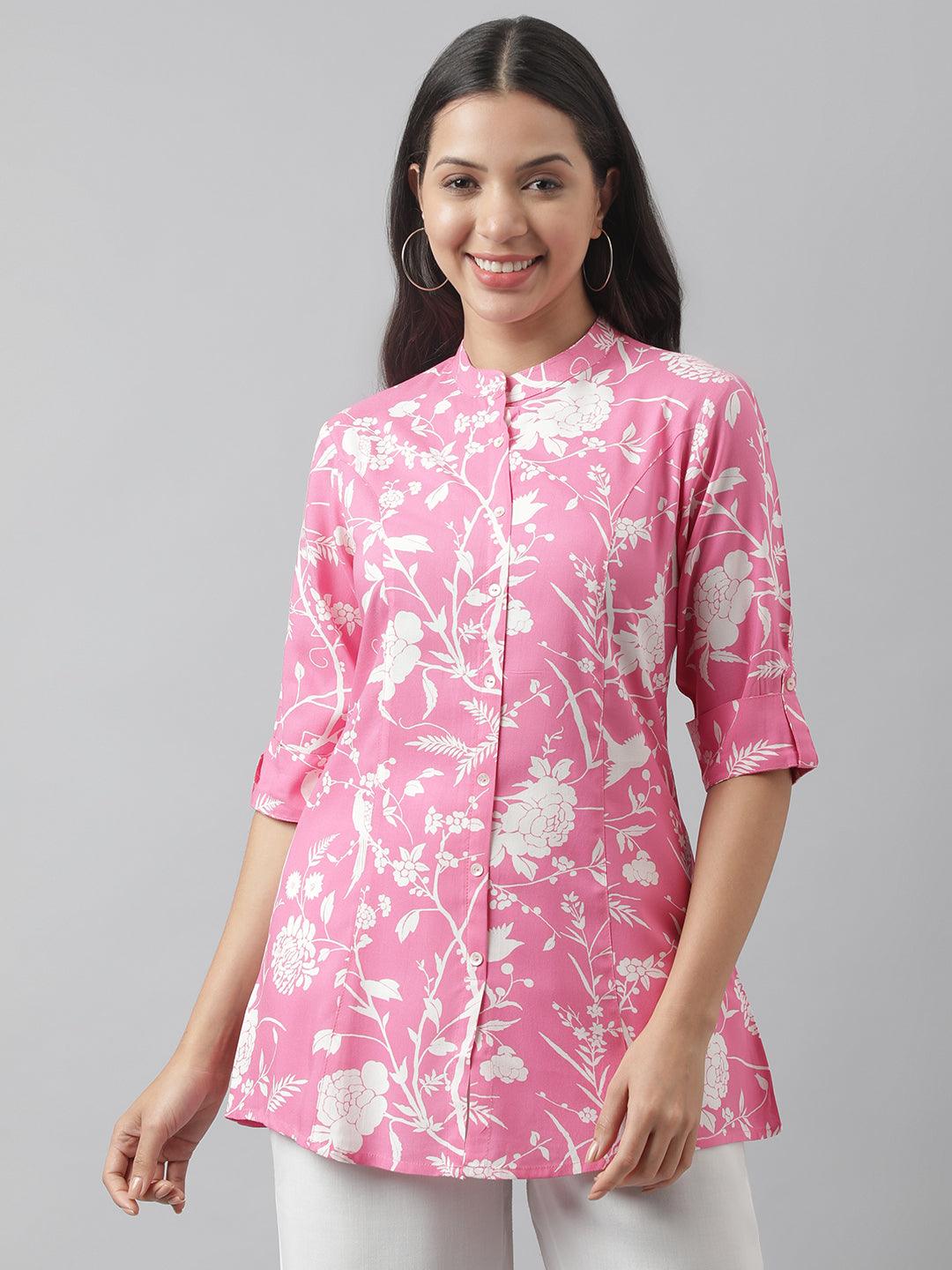  Light Pink Floral Printed Rayon A-line Shirt Style Top -  world