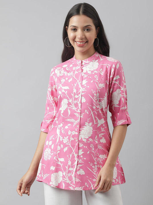  Light Pink Floral Printed Rayon A-line Shirt Style Top -  world
