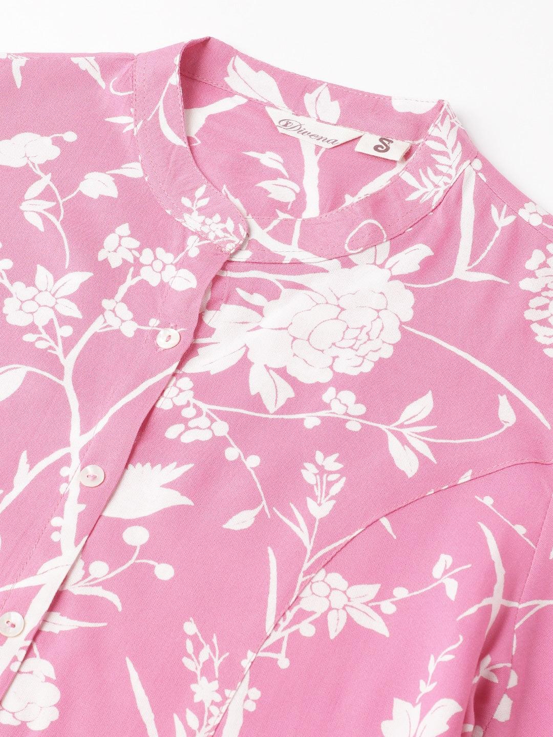  Light Pink Floral Printed Rayon A-line Shirt Style Top -  world