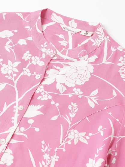  Light Pink Floral Printed Rayon A-line Shirt Style Top -  world