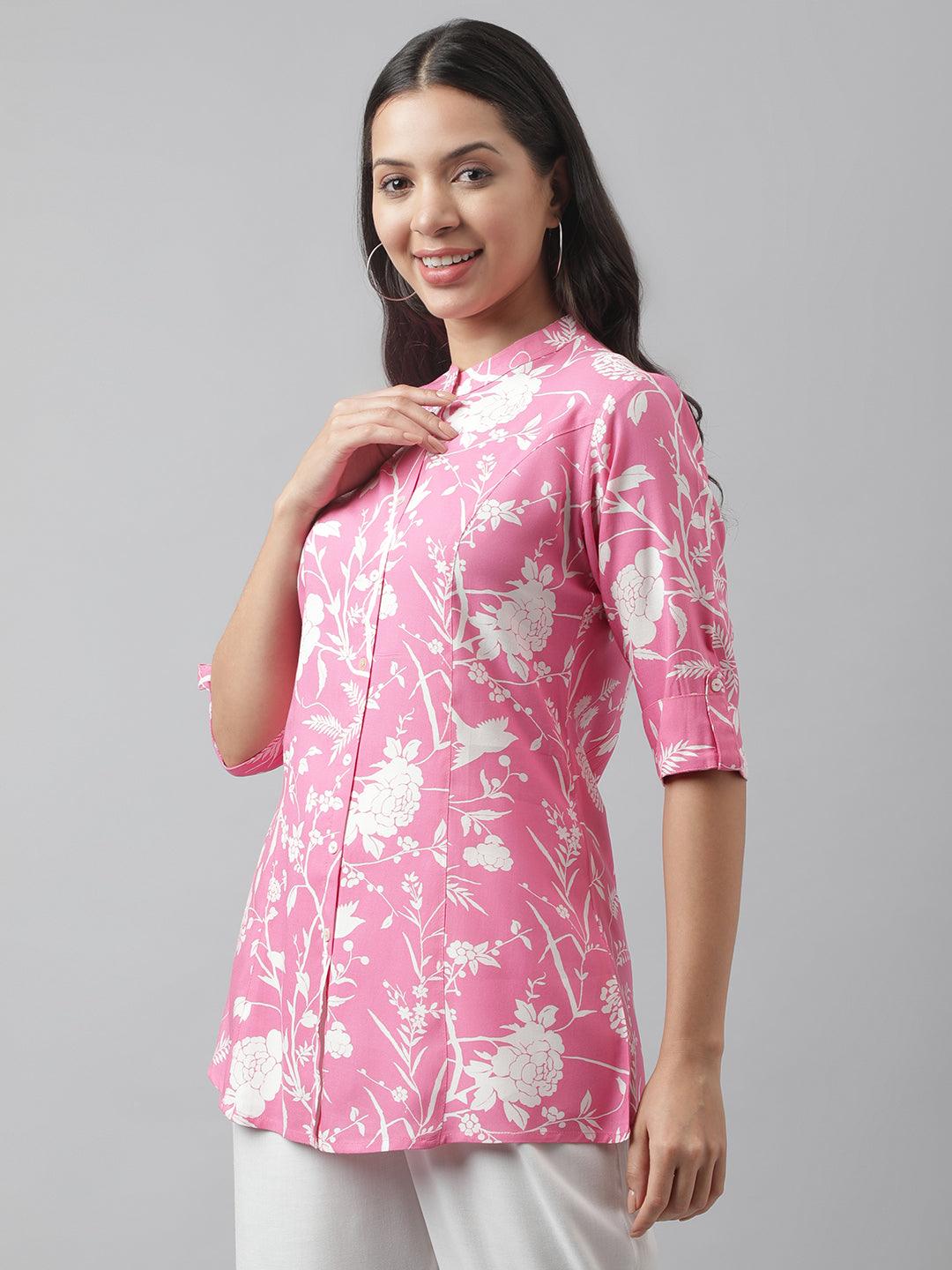  Light Pink Floral Printed Rayon A-line Shirt Style Top -  world