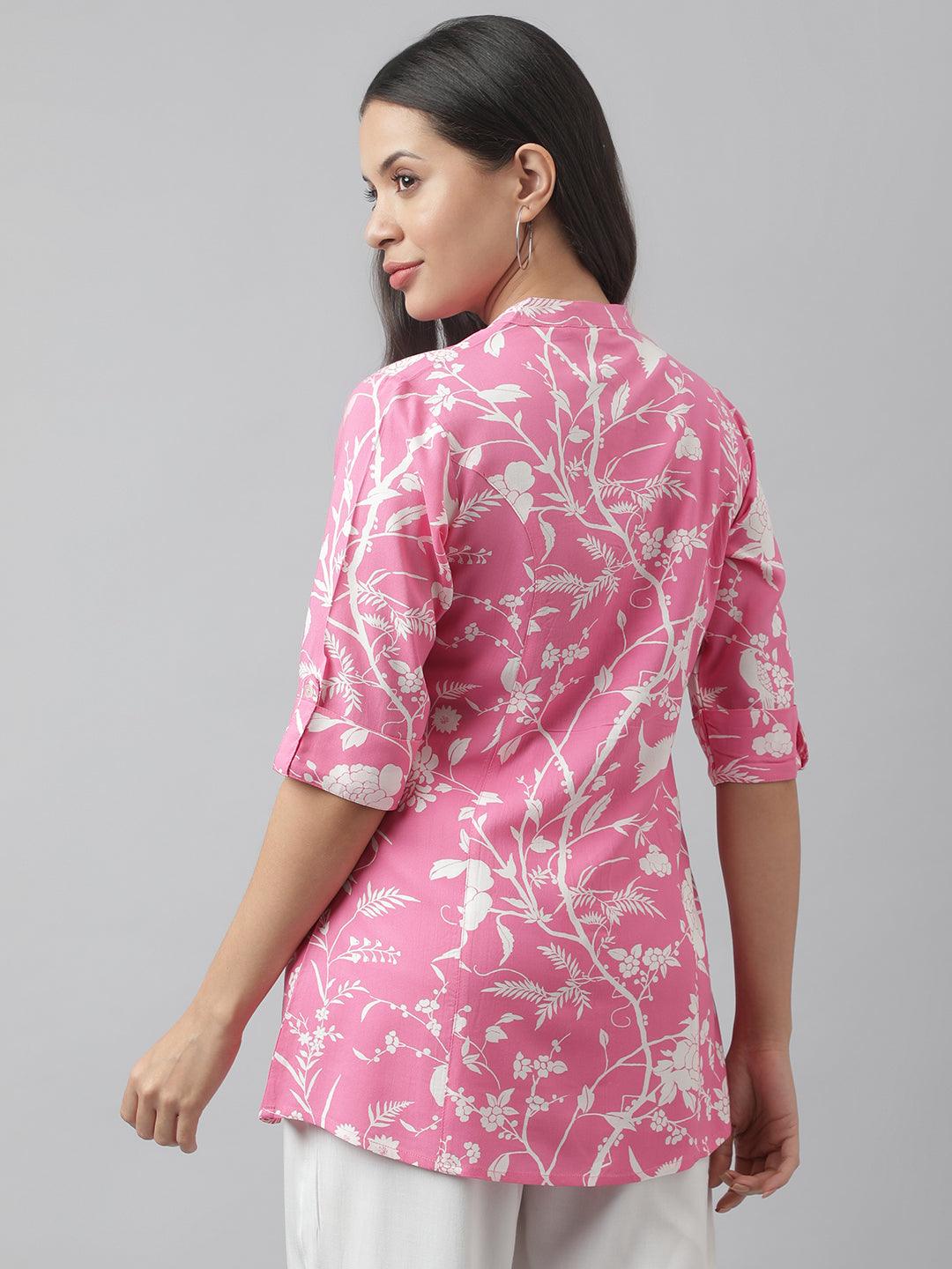  Light Pink Floral Printed Rayon A-line Shirt Style Top -  world