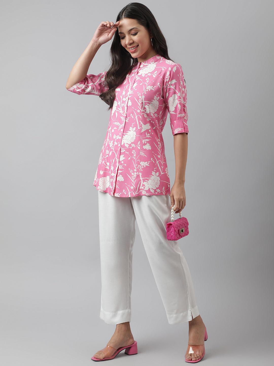  Light Pink Floral Printed Rayon A-line Shirt Style Top -  world