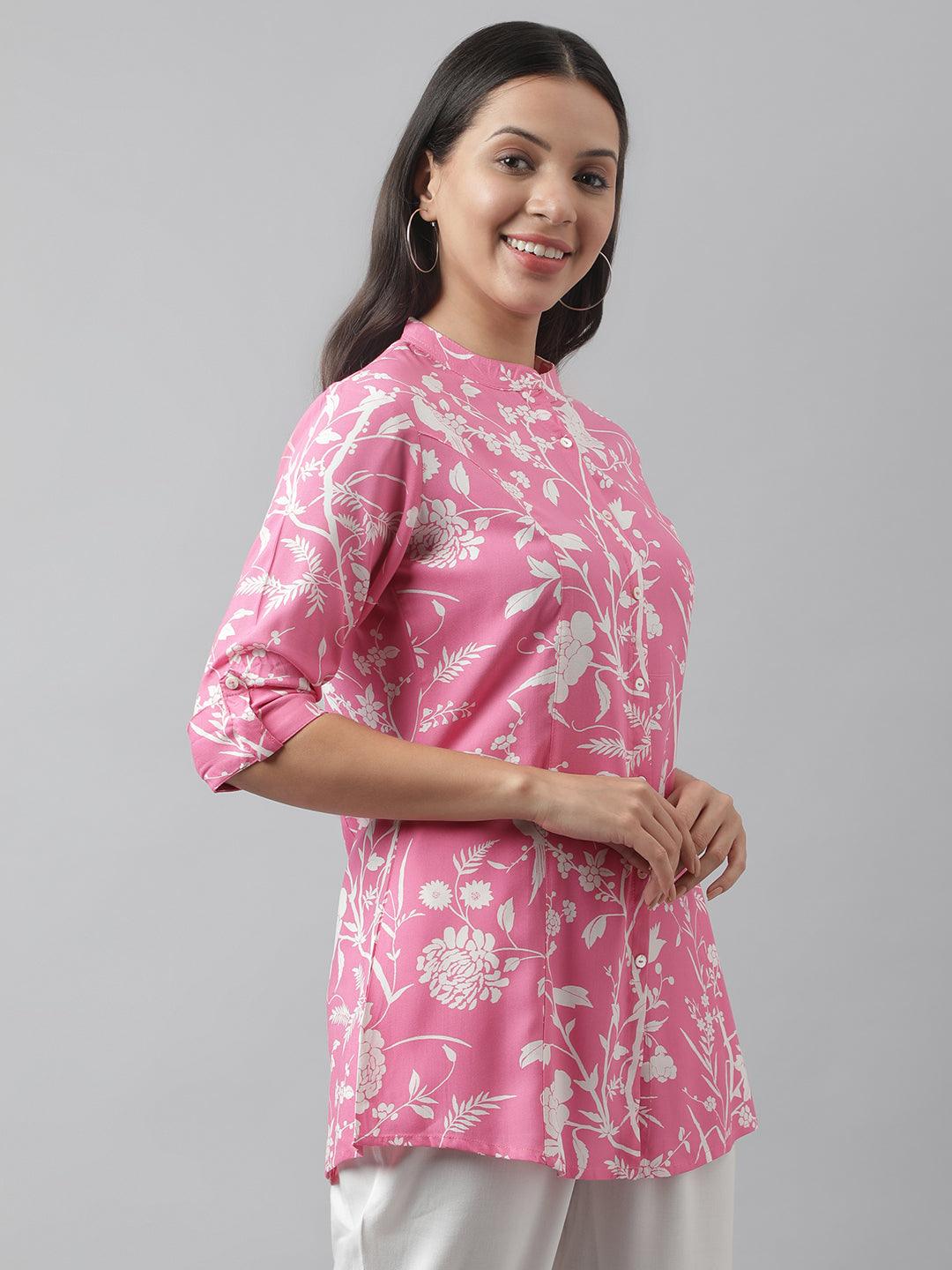  Light Pink Floral Printed Rayon A-line Shirt Style Top -  world