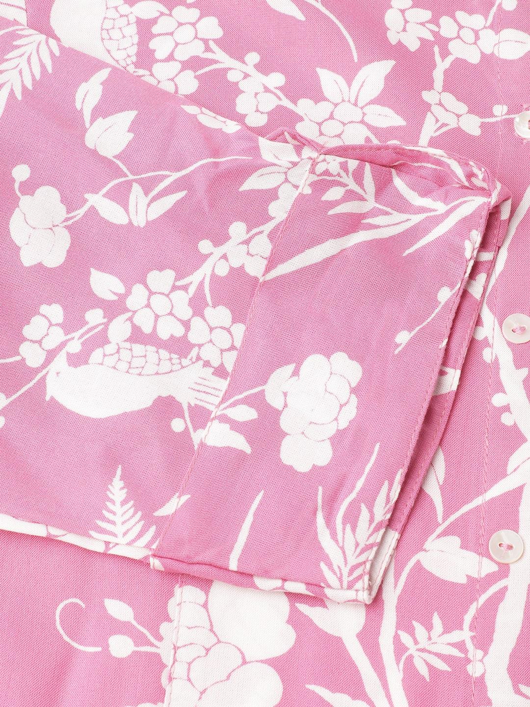  Light Pink Floral Printed Rayon A-line Shirt Style Top -  world