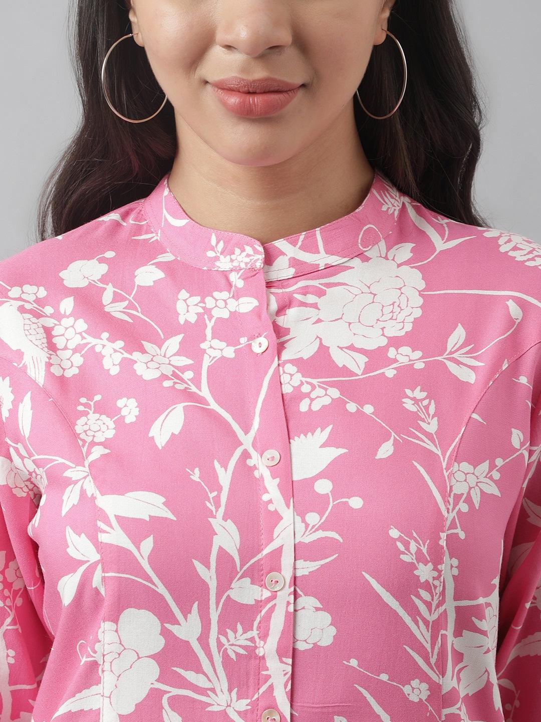  Light Pink Floral Printed Rayon A-line Shirt Style Top -  world