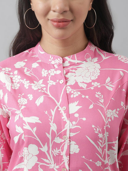  Light Pink Floral Printed Rayon A-line Shirt Style Top -  world