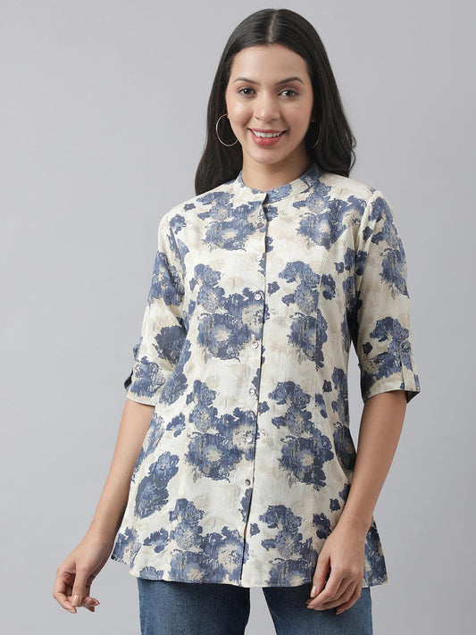  Cream Floral Printed Rayon A-line Shirt Style Top -  world