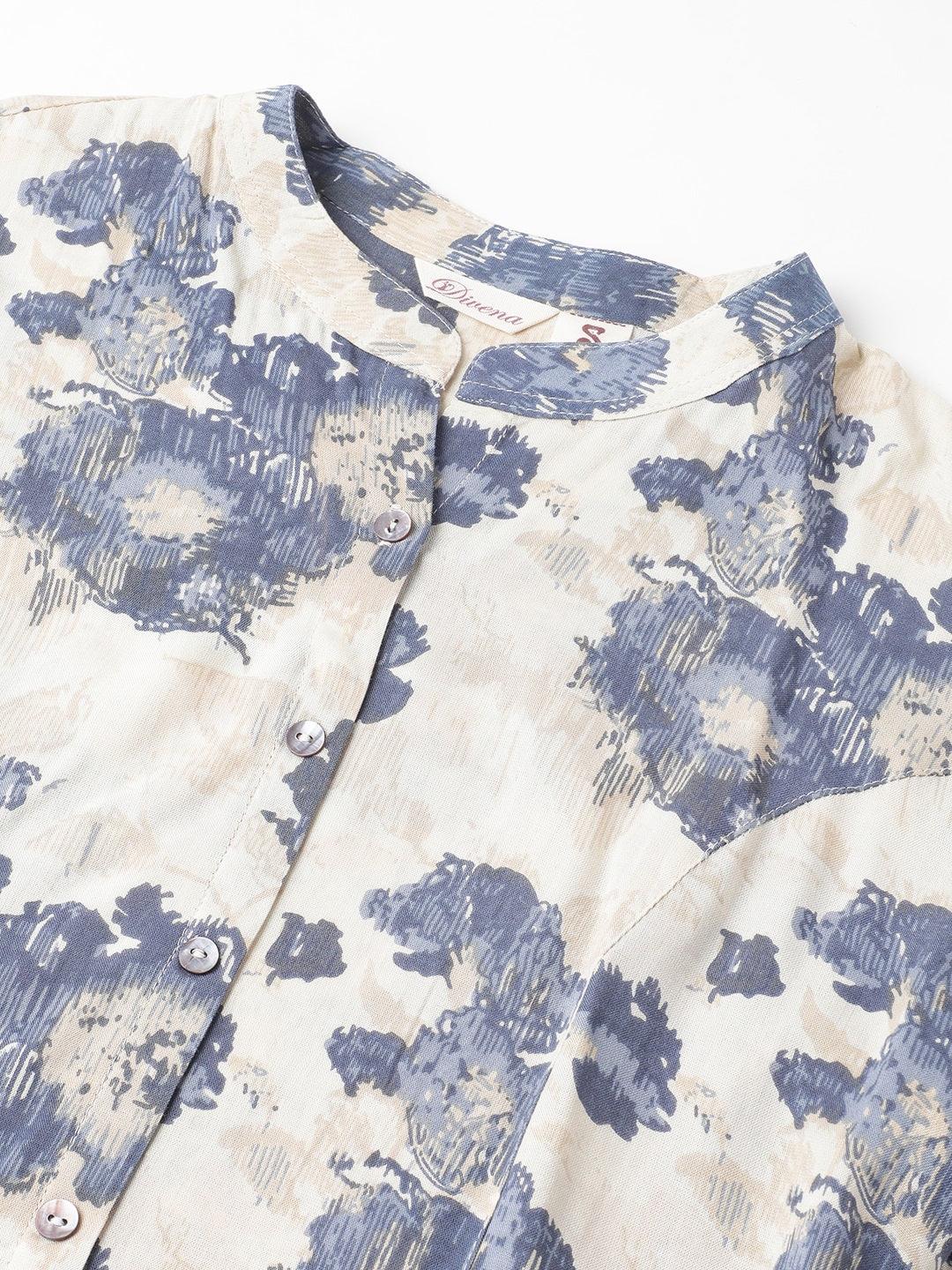  Cream Floral Printed Rayon A-line Shirt Style Top -  world