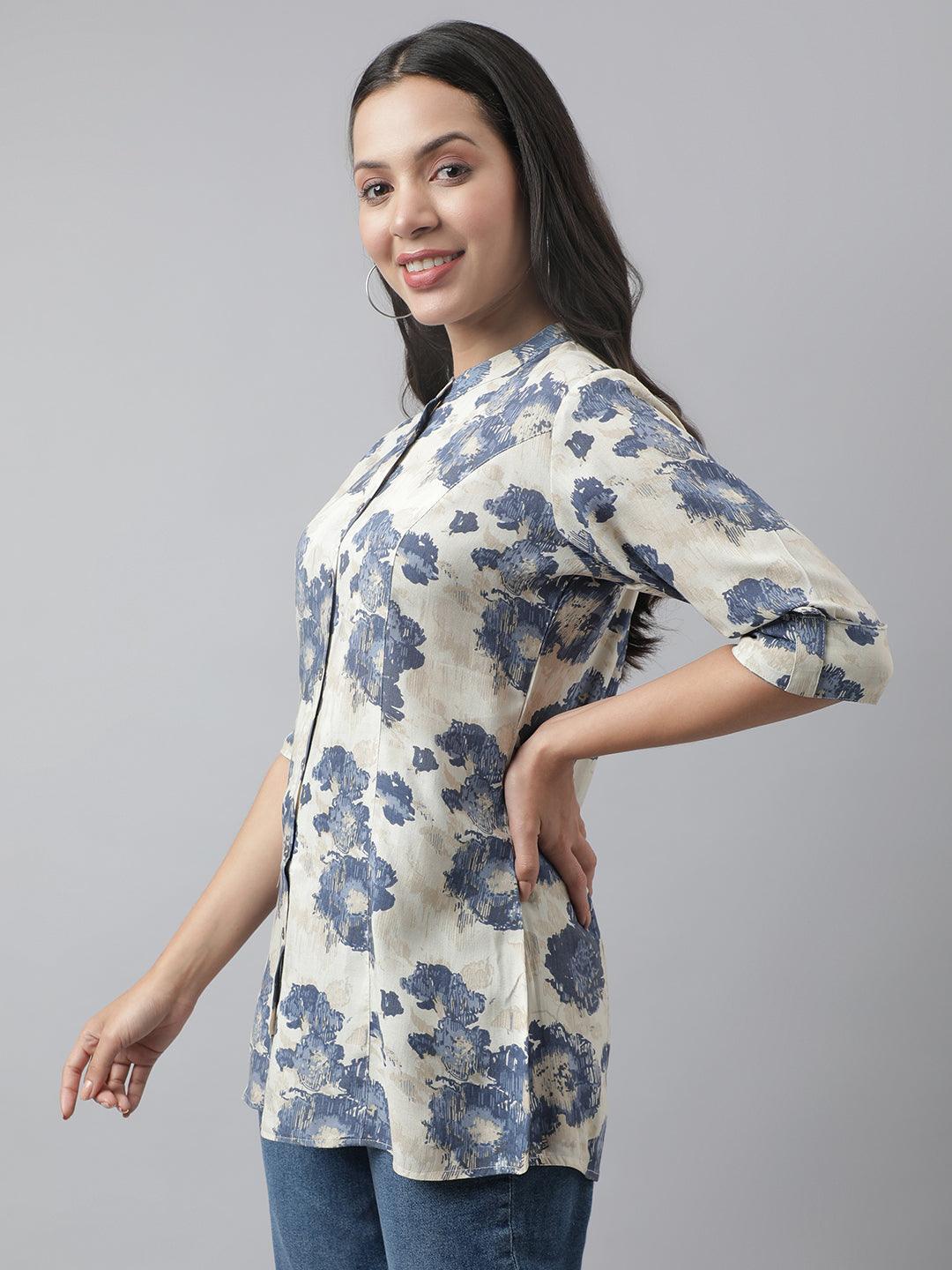  Cream Floral Printed Rayon A-line Shirt Style Top -  world