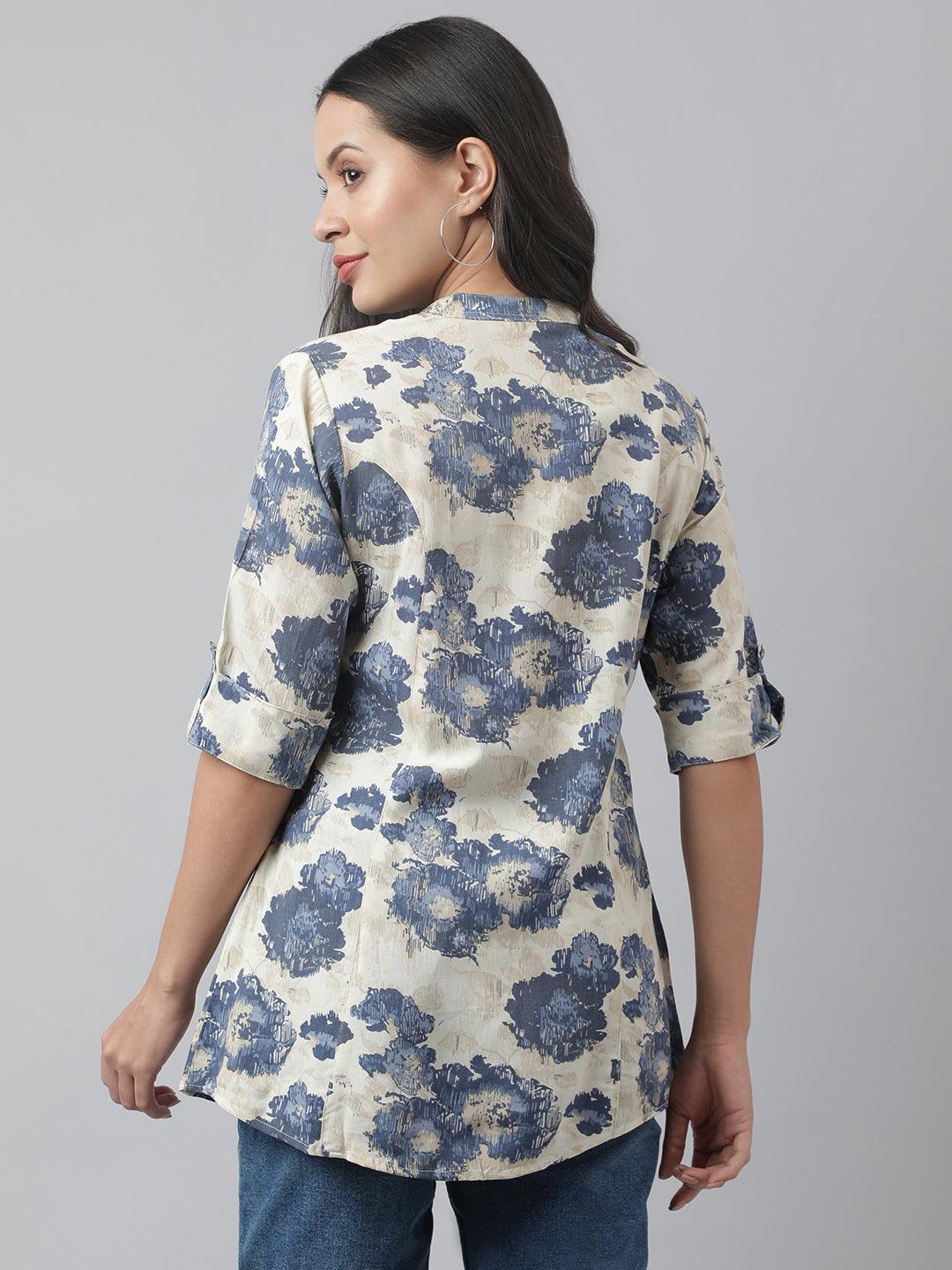 Cream Floral Printed Rayon A-line Shirt Style Top -  world