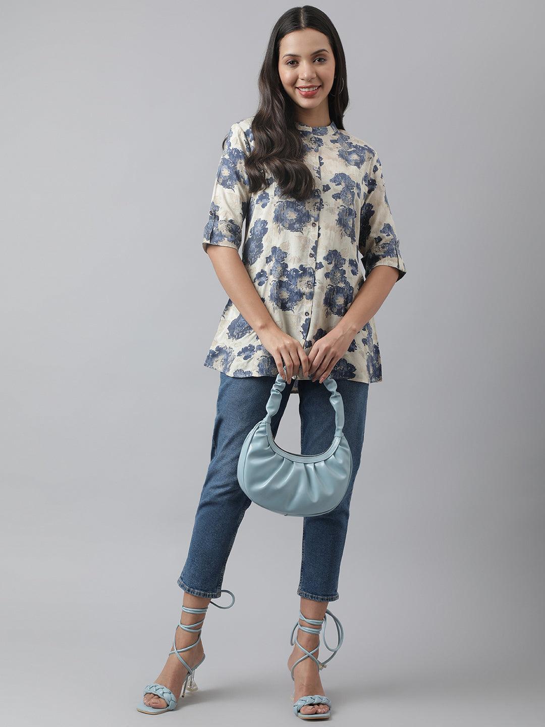 Cream Floral Printed Rayon A-line Shirt Style Top -  world