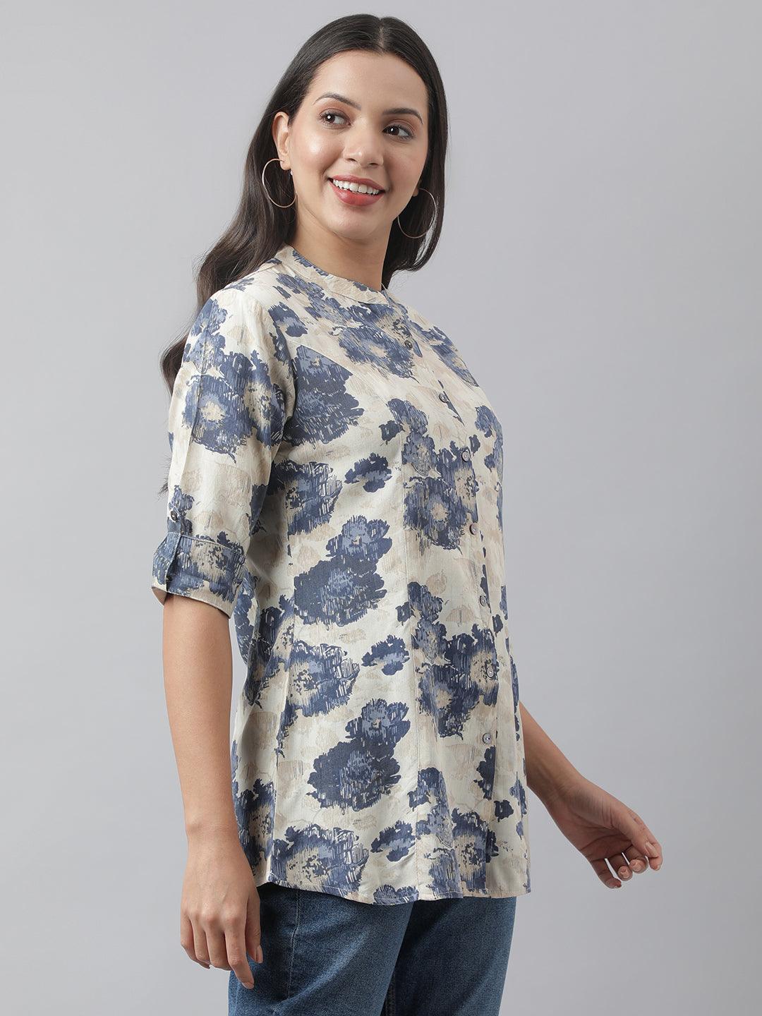  Cream Floral Printed Rayon A-line Shirt Style Top -  world