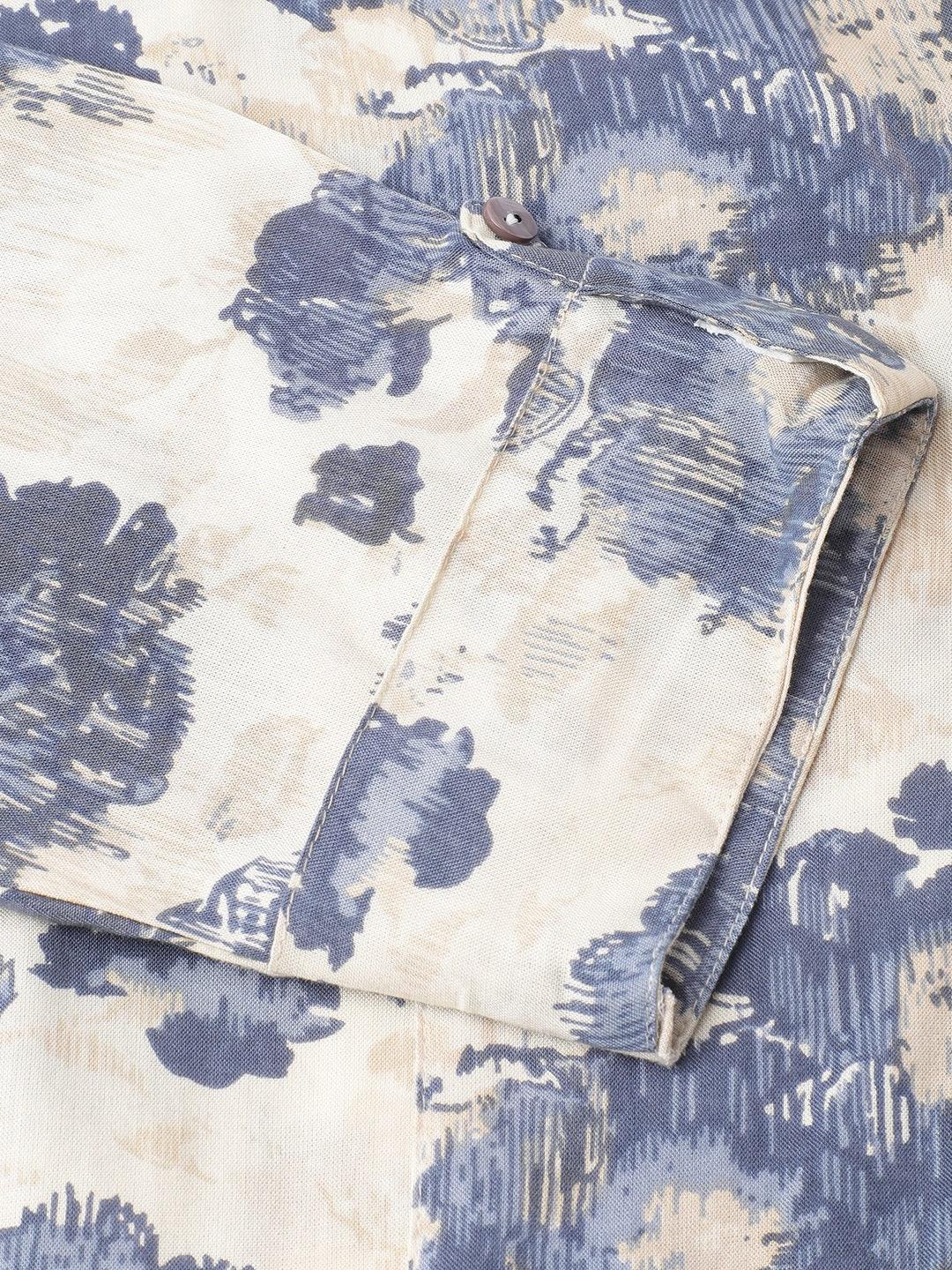 Cream Floral Printed Rayon A-line Shirt Style Top -  world