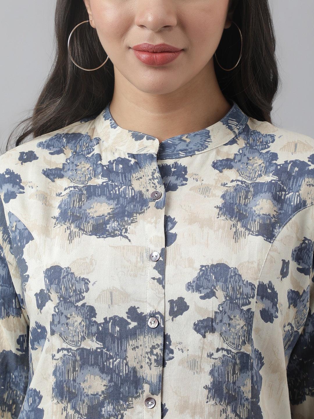 Cream Floral Printed Rayon A-line Shirt Style Top -  world