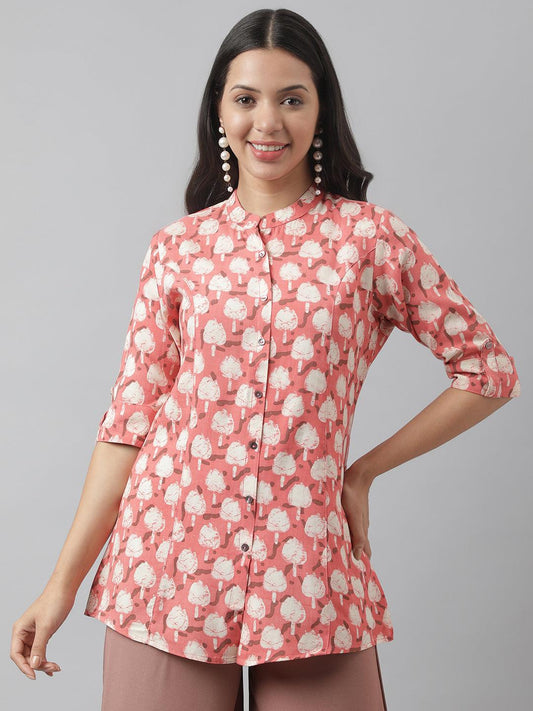  Peach Floral Printed Rayon A-line Shirt Style Top -  world