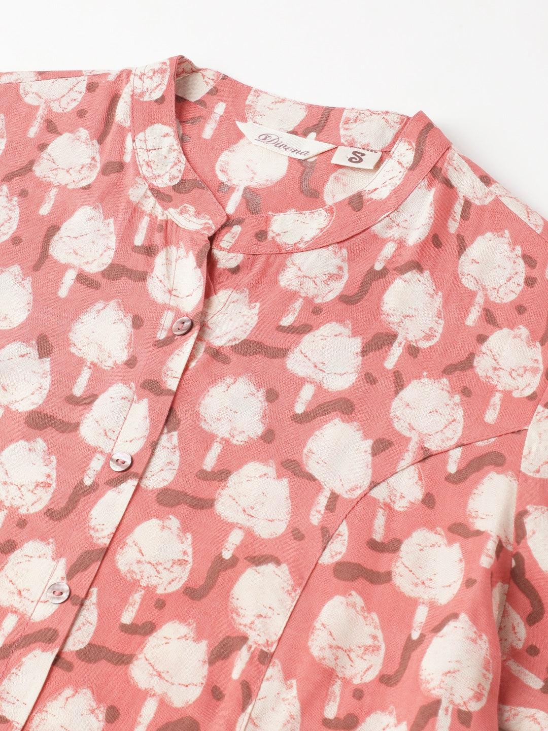  Peach Floral Printed Rayon A-line Shirt Style Top -  world