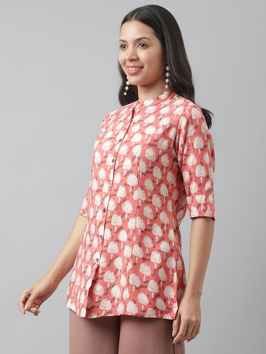  Peach Floral Printed Rayon A-line Shirt Style Top -  world
