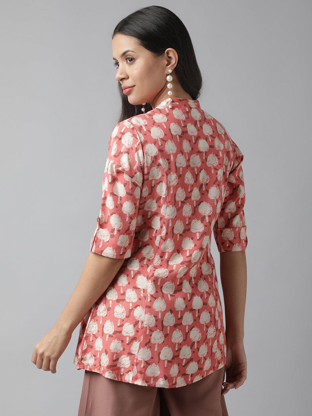  Peach Floral Printed Rayon A-line Shirt Style Top -  world