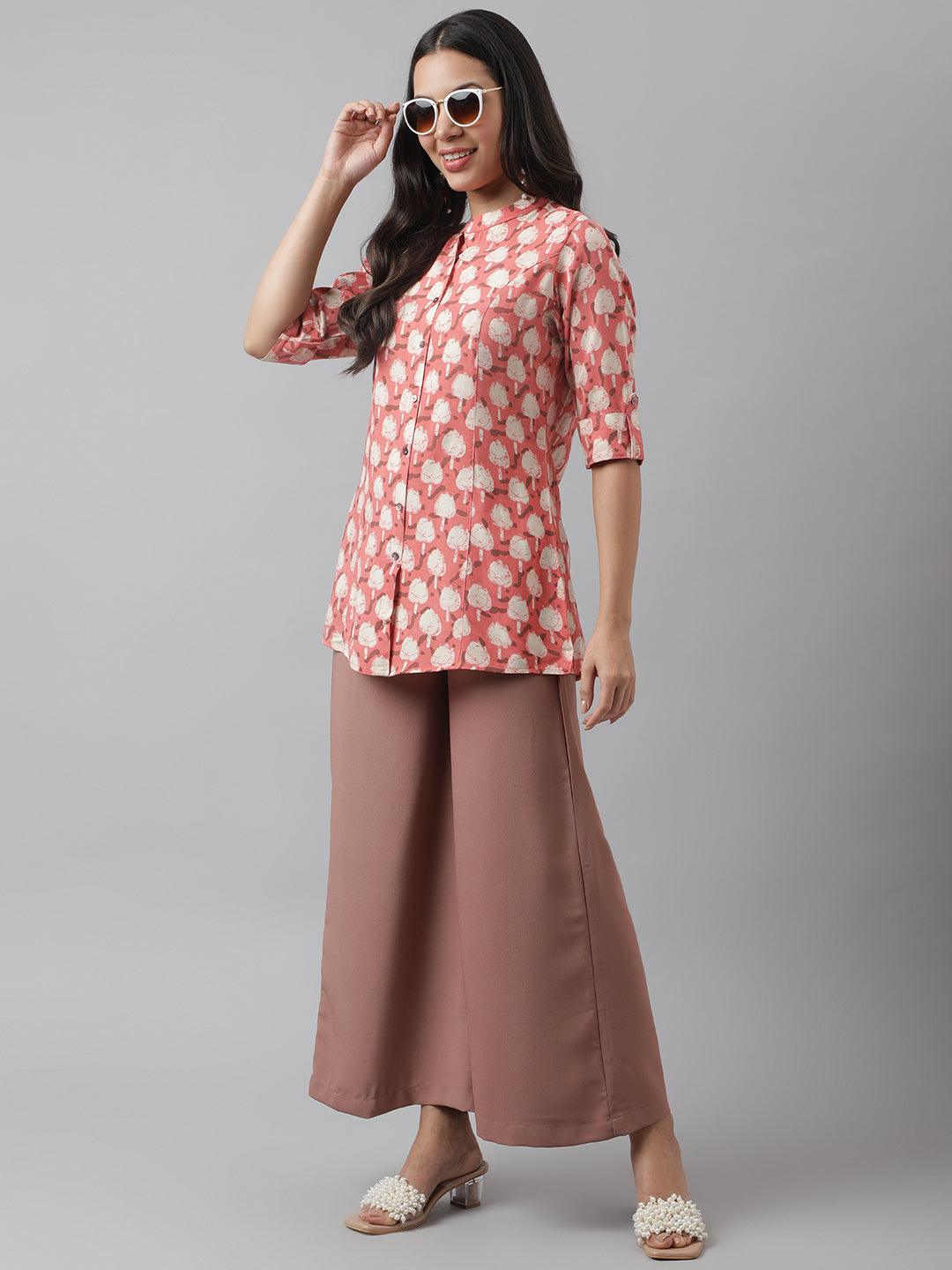  Peach Floral Printed Rayon A-line Shirt Style Top -  world