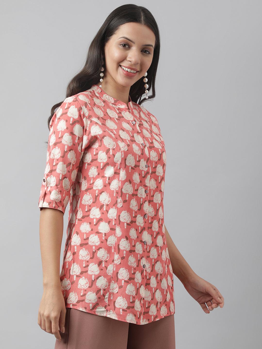  Peach Floral Printed Rayon A-line Shirt Style Top -  world