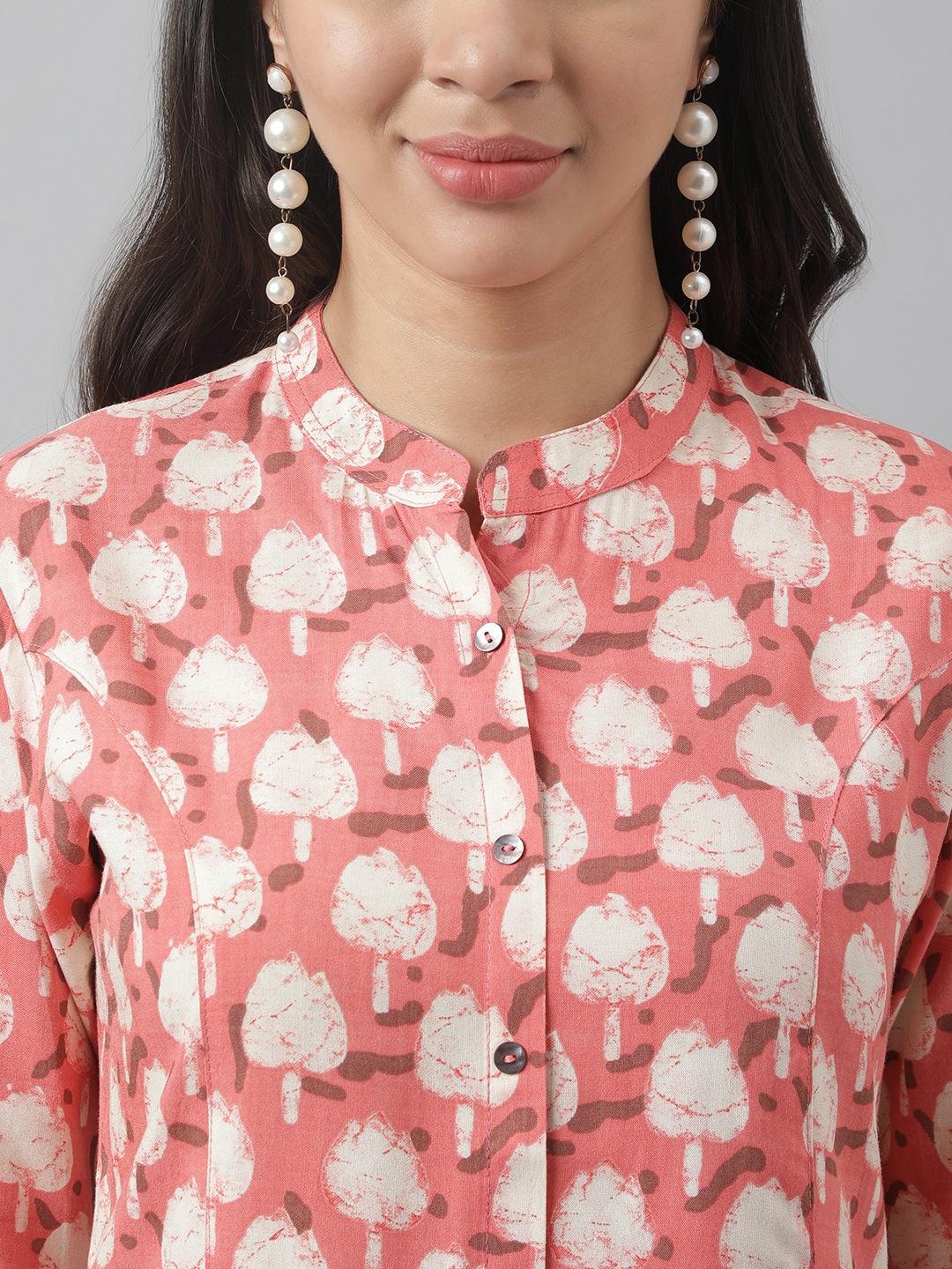 Peach Floral Printed Rayon A-line Shirt Style Top -  world