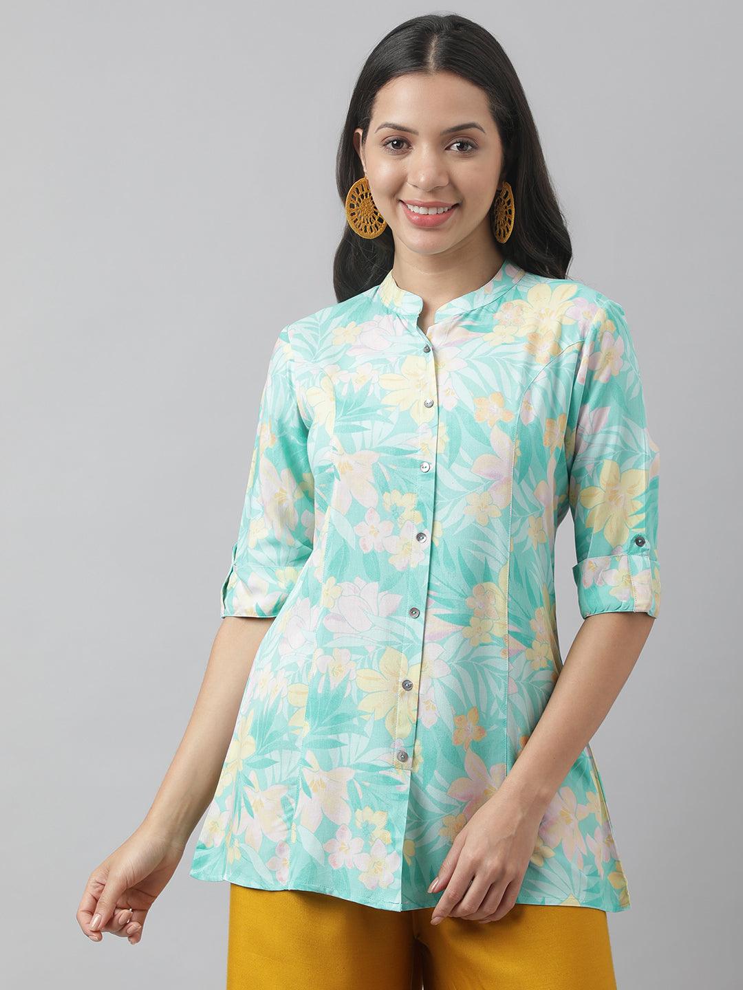  Sea Green Floral Printed Rayon A-line Shirt Style Top -  world