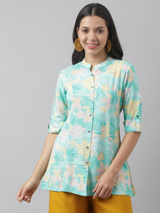  Sea Green Floral Printed Rayon A-line Shirt Style Top -  world
