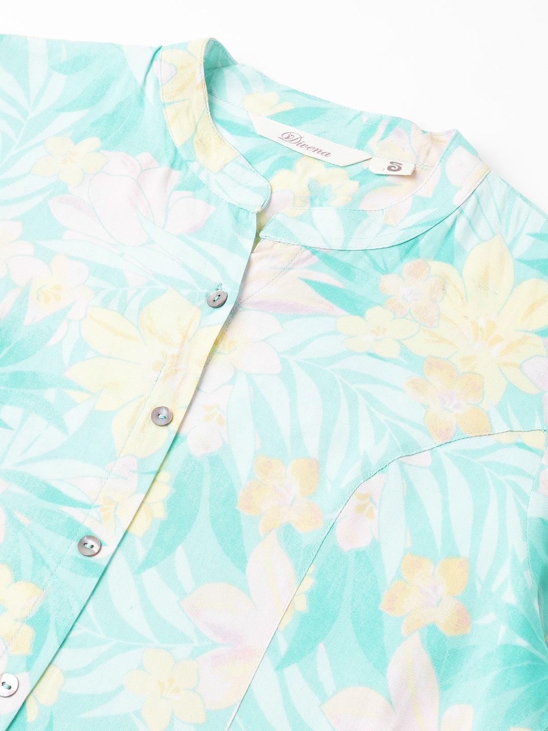  Sea Green Floral Printed Rayon A-line Shirt Style Top -  world
