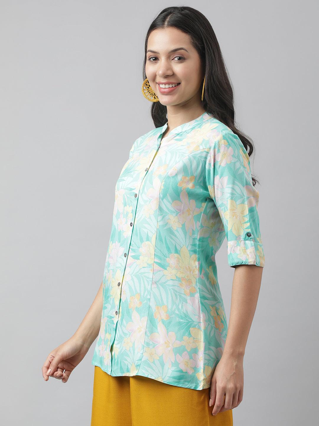  Sea Green Floral Printed Rayon A-line Shirt Style Top -  world