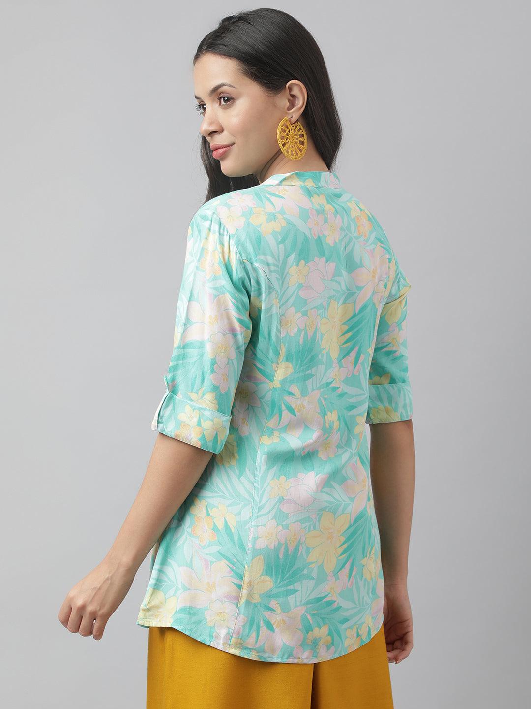  Sea Green Floral Printed Rayon A-line Shirt Style Top -  world