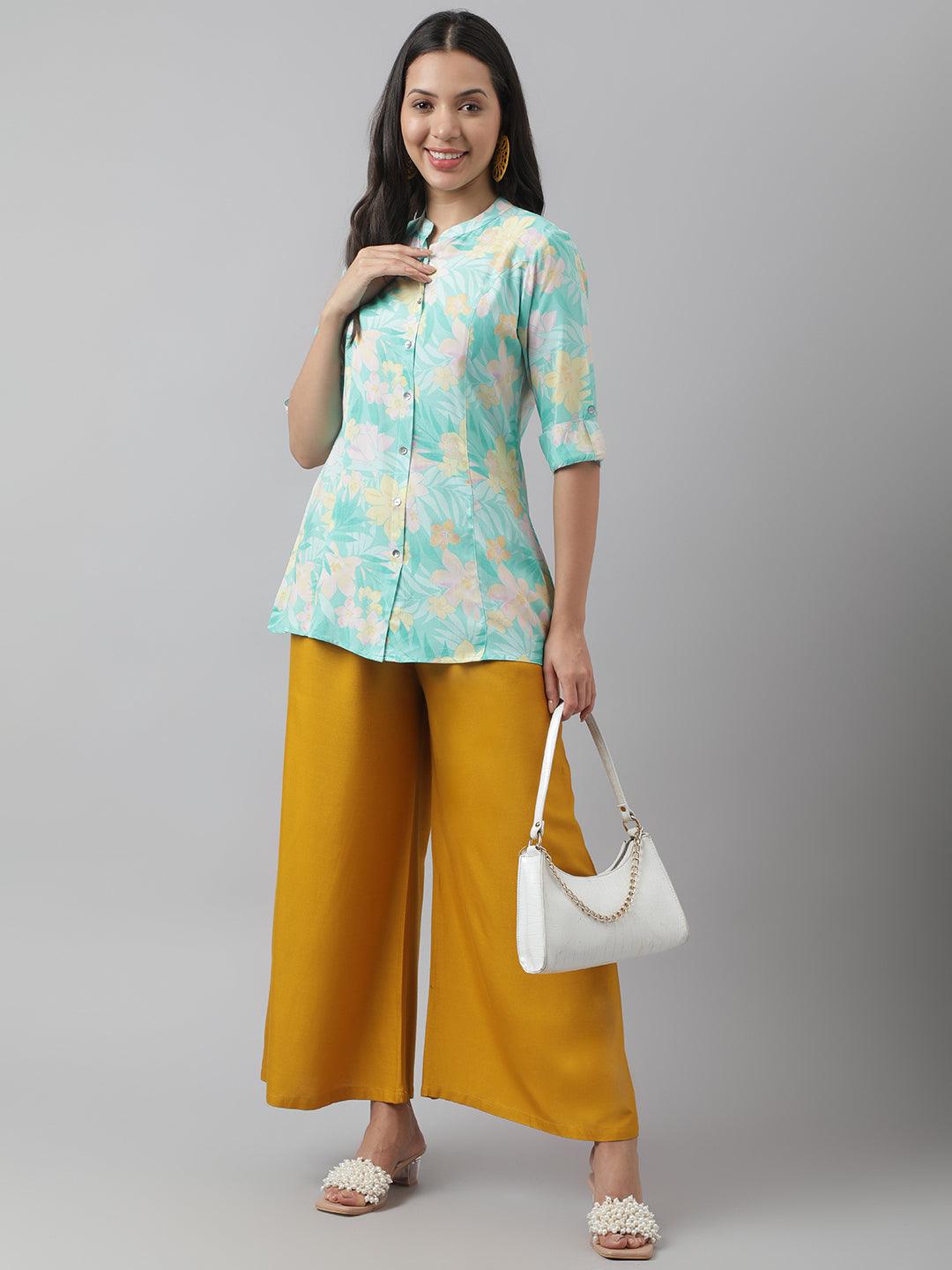  Sea Green Floral Printed Rayon A-line Shirt Style Top -  world
